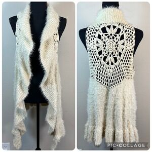 Fuzzy Knit Waterfall Vest Womens Large Cream Crochet Lace‎ Back Boho Cardigan